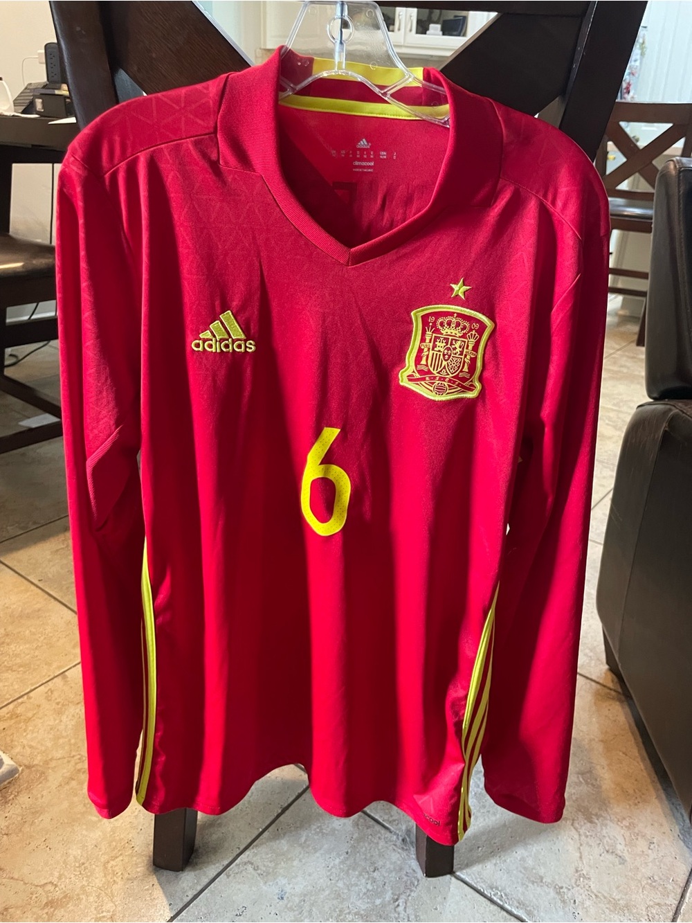 Adidas Men’s Spain Red Long-Sleeve Soccer Jersey - Number 6, Andres Iniesta